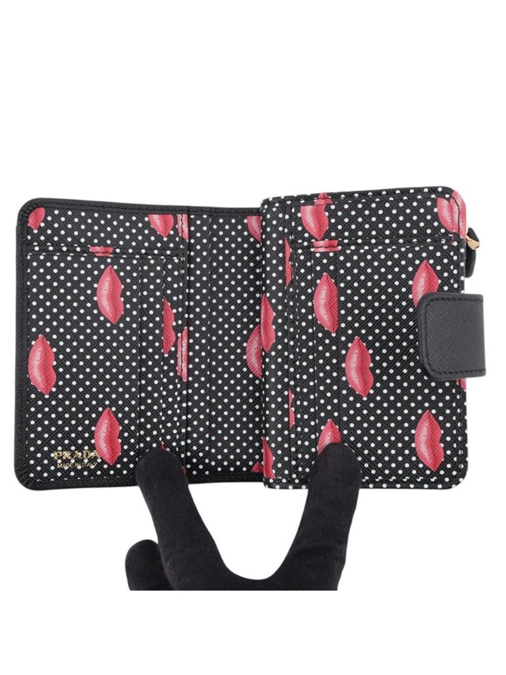 Prada Bifold Wallet Lip Motif Compact Saffiano Leather Black - Picture 4 of 9